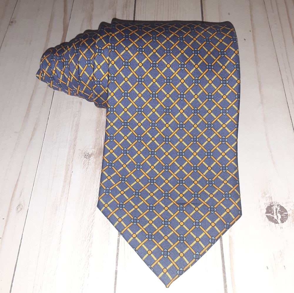 Mens' Brioni 100% Silk Blue Gold Yellow Necktie Hand Made in Italy